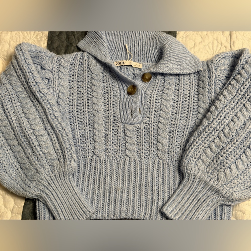Zara Women's Light Blue Cable Knit Turtleneck Sweater